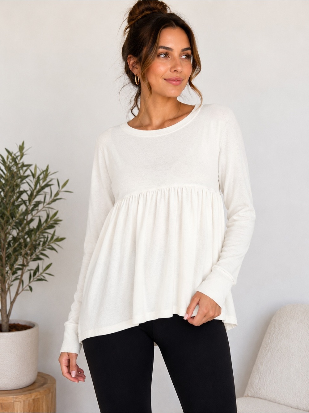 Free People white Babydoll Long Sleeve Knit Top XS